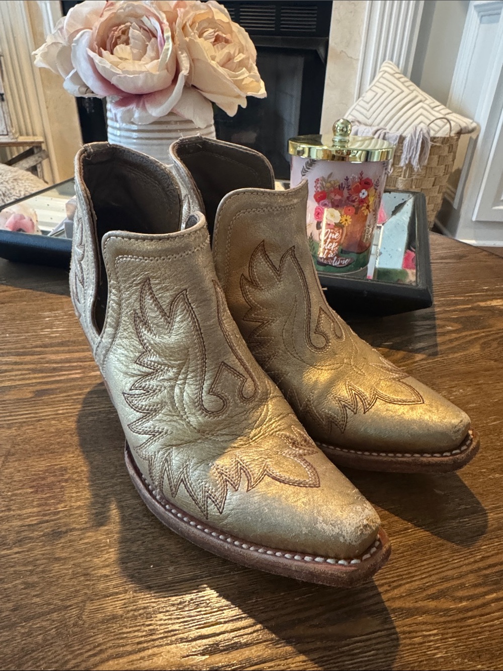Ariat Metallic Gold Embroidered Western Heeled Ankle Boots